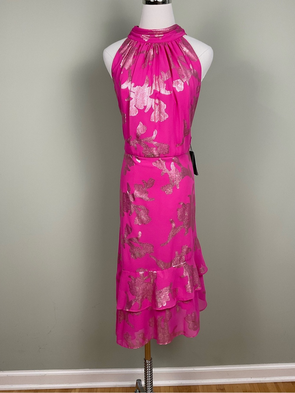 Adrianna Papell Fuchsia Pink Gold Foil Metallic Halter Midi Dress Sz 16 New